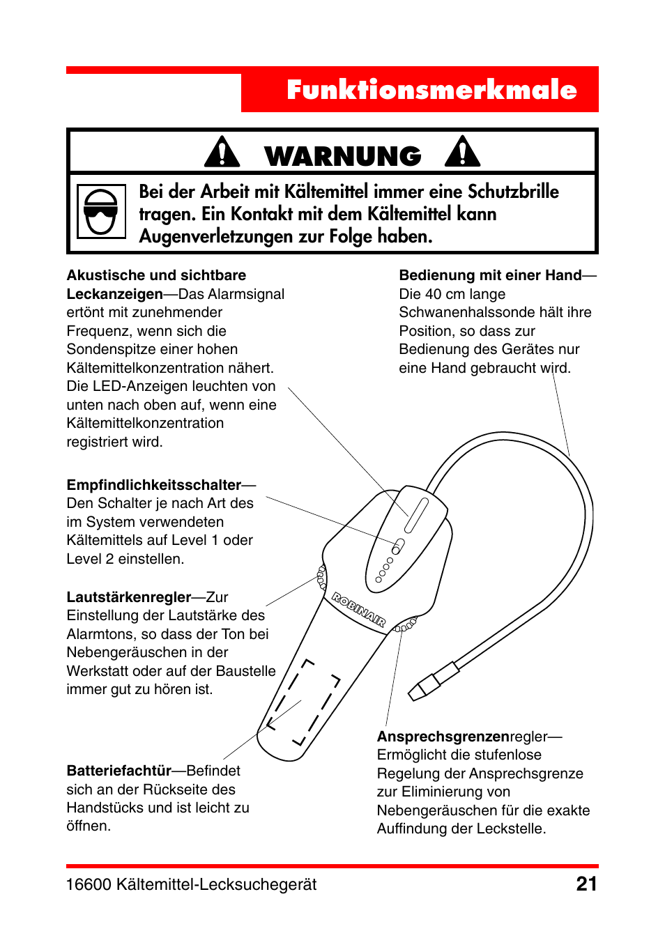 Funktionsmerkmale warnung | Robinair 16600 Electronic Leak Detector User Manual | Page 22 / 32