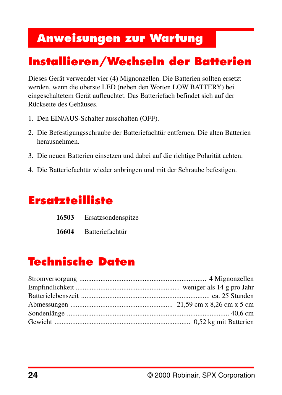 Installieren/wechseln der batterien, Ersatzteilliste, Technische daten | Anweisungen zur wartung | Robinair 16600 Electronic Leak Detector User Manual | Page 25 / 32