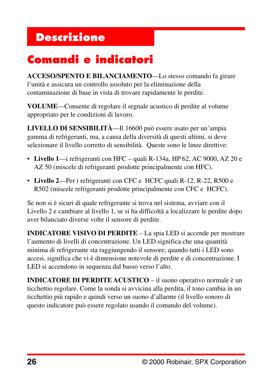 Descrizione comandi e indicatori | Robinair 16600 Electronic Leak Detector User Manual | Page 27 / 32