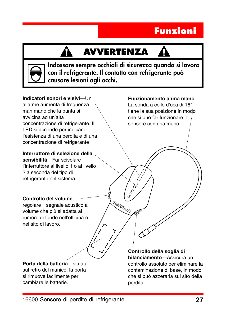 Funzioni avvertenza | Robinair 16600 Electronic Leak Detector User Manual | Page 28 / 32
