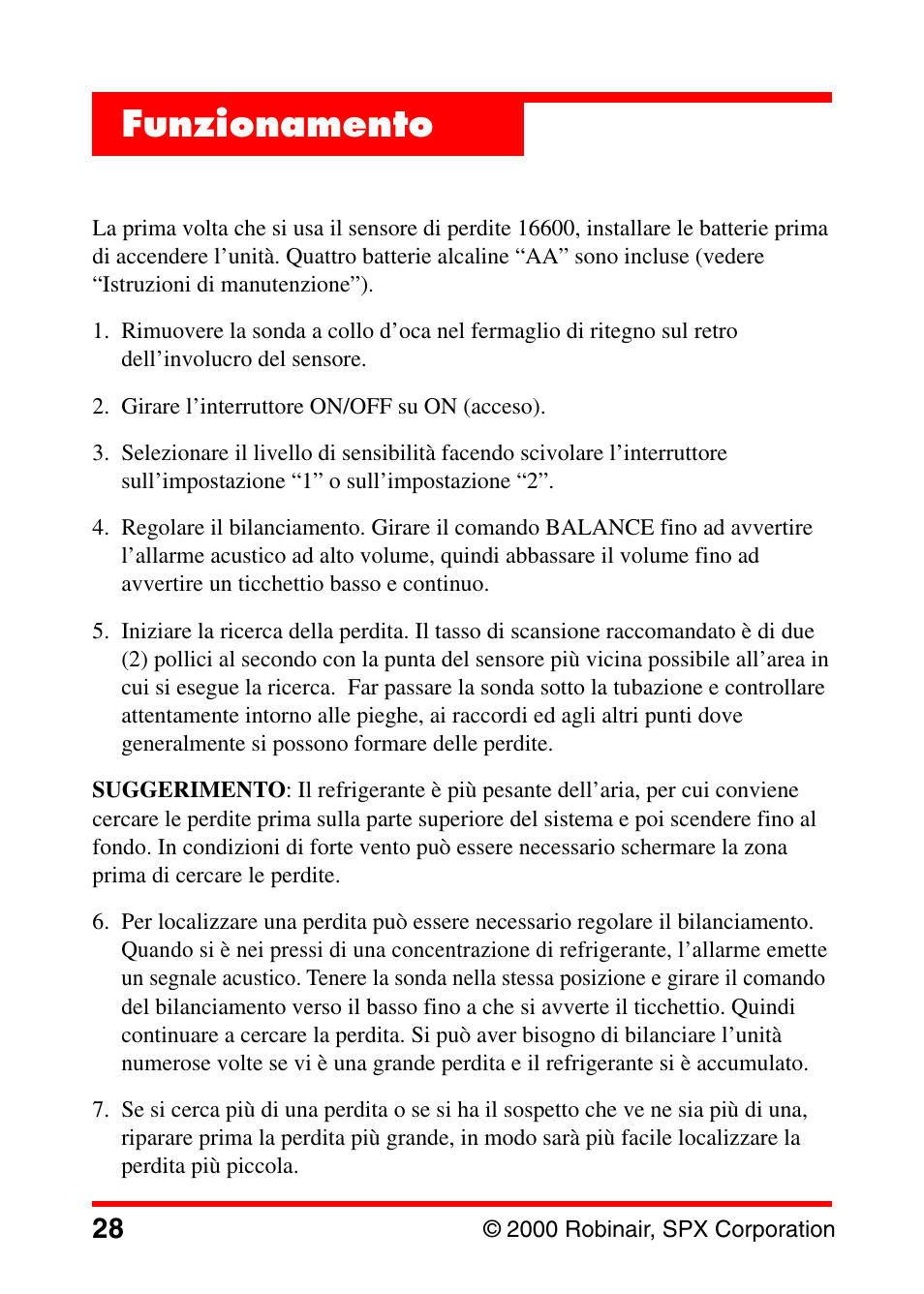 Funzionamento | Robinair 16600 Electronic Leak Detector User Manual | Page 29 / 32