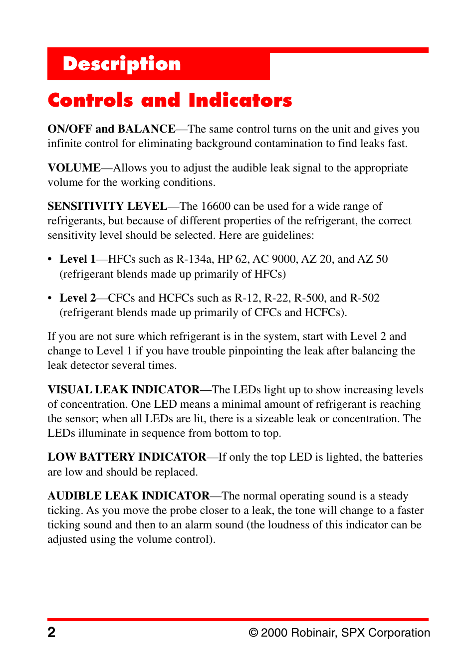 Description controls and indicators | Robinair 16600 Electronic Leak Detector User Manual | Page 3 / 32