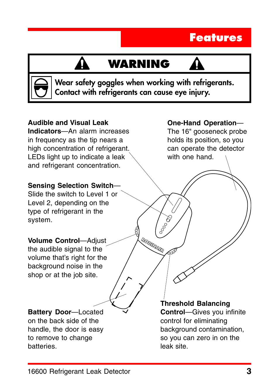 Warning, Features | Robinair 16600 Electronic Leak Detector User Manual | Page 4 / 32