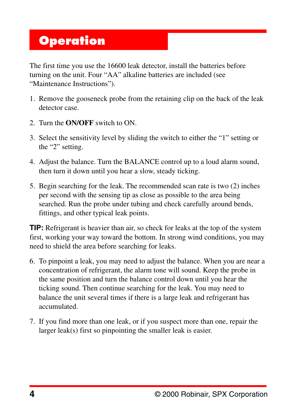 Operation | Robinair 16600 Electronic Leak Detector User Manual | Page 5 / 32