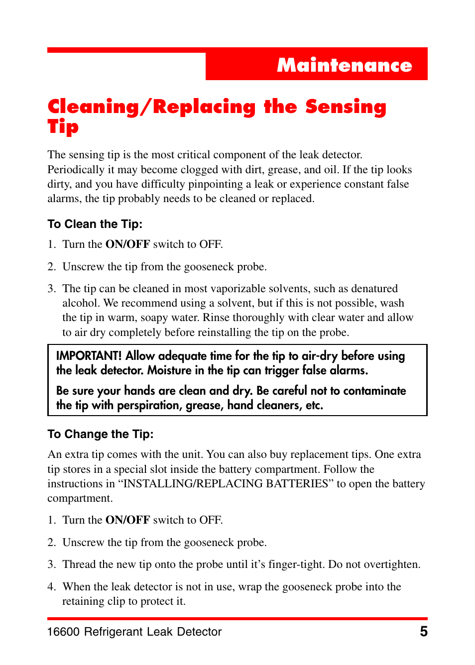 Maintenance cleaning/replacing the sensing tip, Maintenance | Robinair 16600 Electronic Leak Detector User Manual | Page 6 / 32