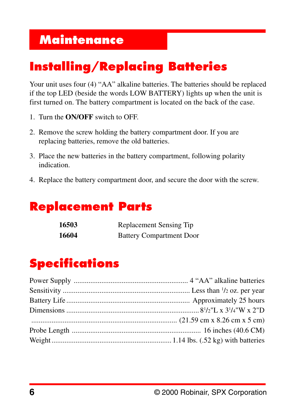 Specifications, Installing/replacing batteries, Replacement parts | Maintenance | Robinair 16600 Electronic Leak Detector User Manual | Page 7 / 32