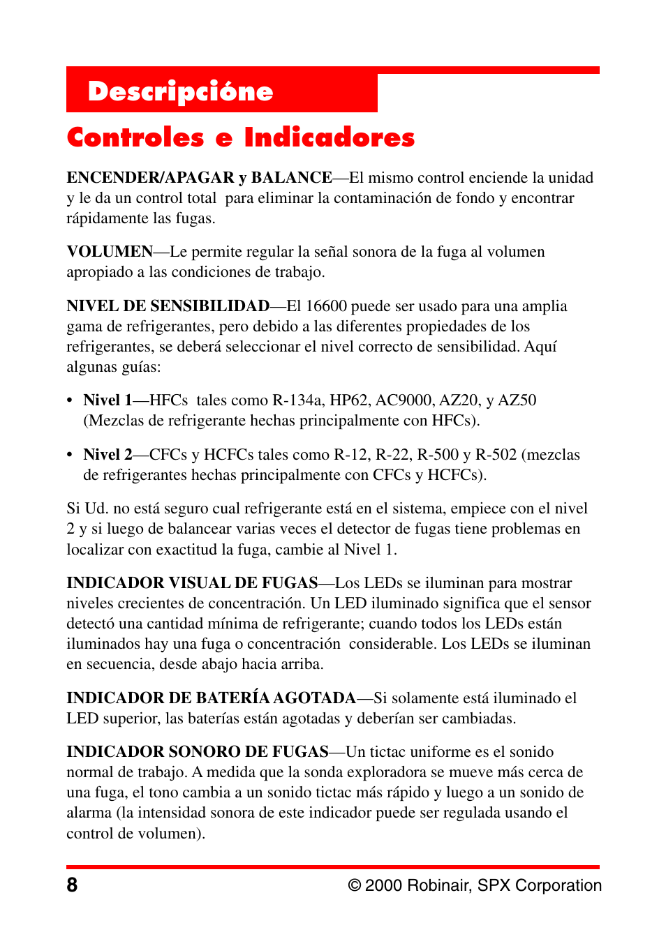 Descripcióne controles e indicadores | Robinair 16600 Electronic Leak Detector User Manual | Page 9 / 32