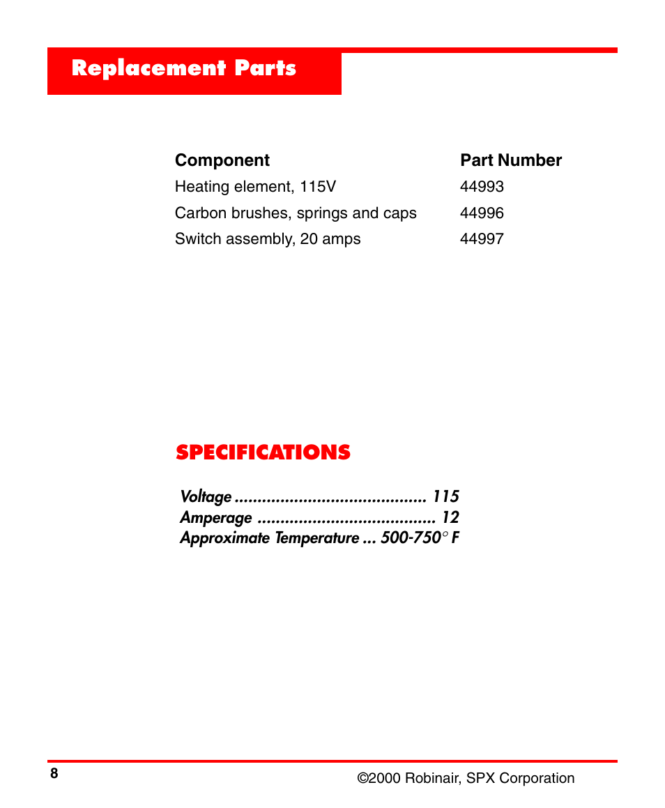 Replacement parts, Specifications | Robinair 14450 Heat Gun User Manual | Page 10 / 12