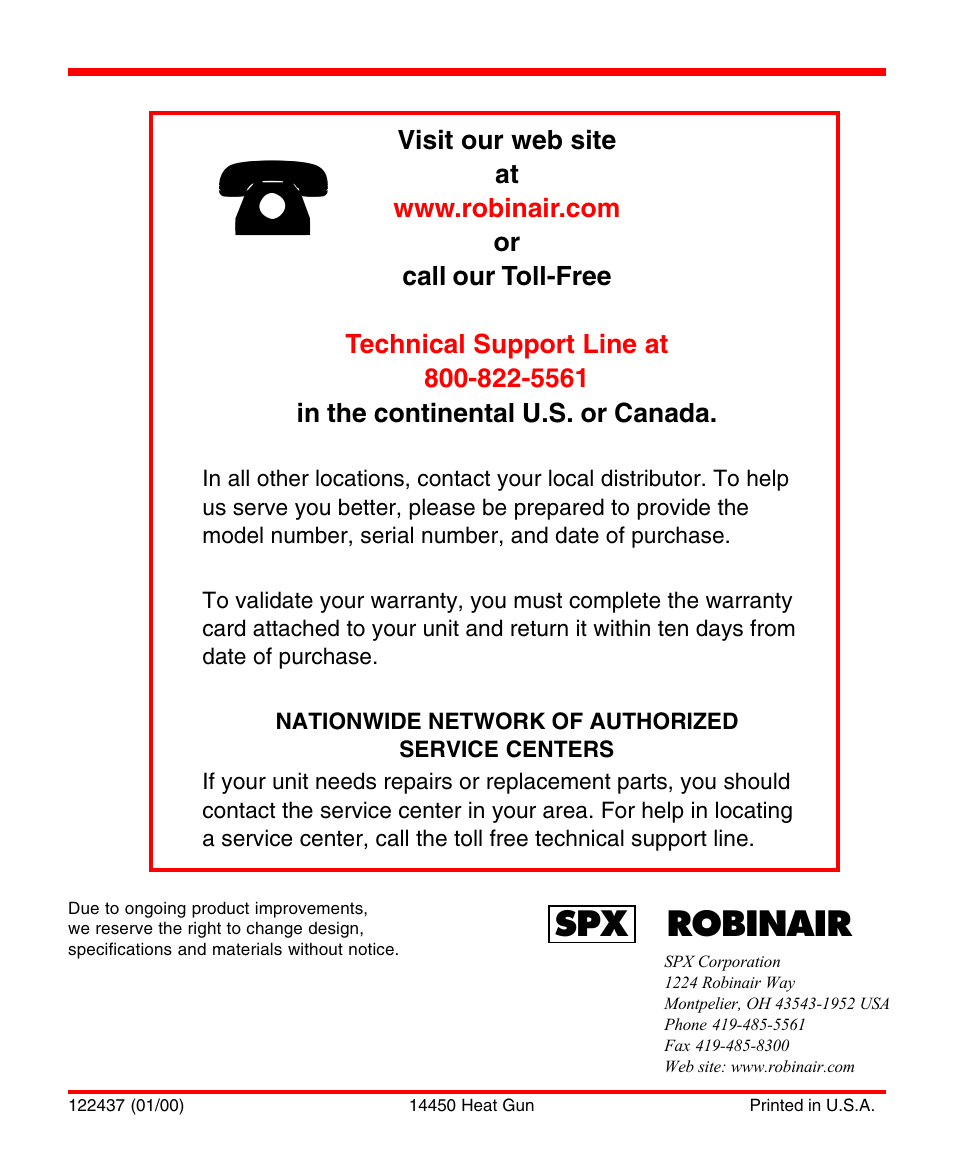 Robinair 14450 Heat Gun User Manual | Page 12 / 12