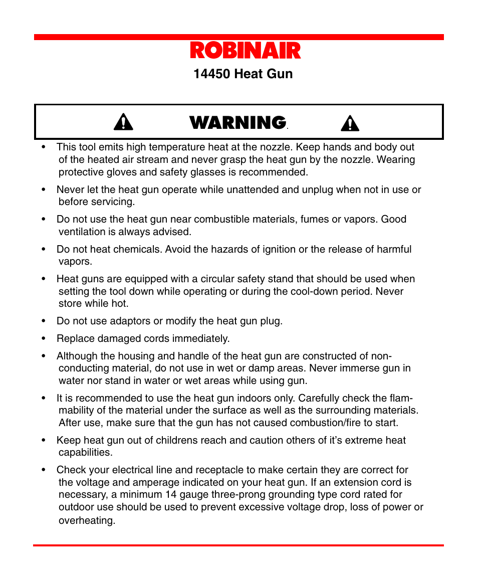 Warning | Robinair 14450 Heat Gun User Manual | Page 2 / 12