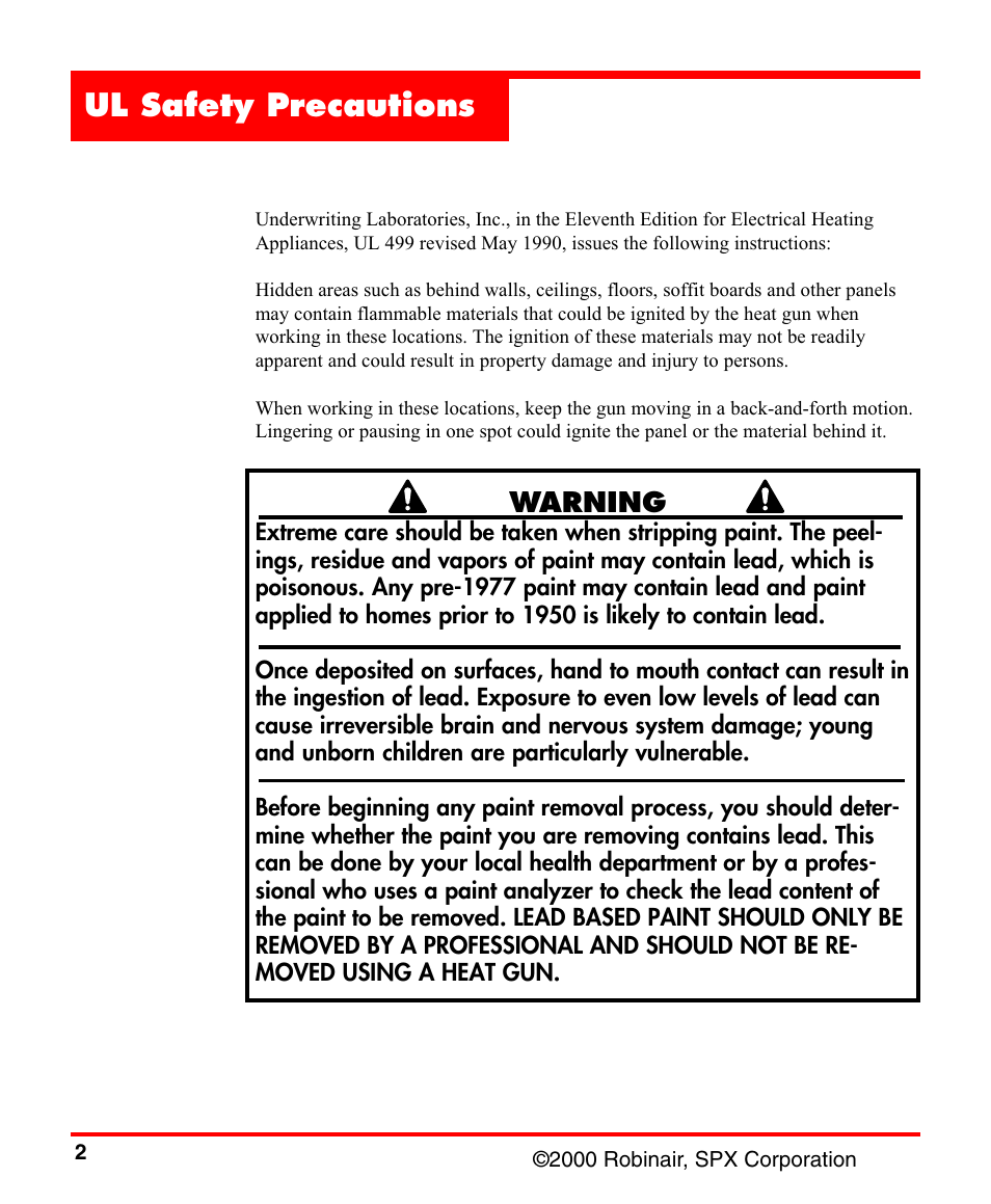 Ul safety precautions, Warning | Robinair 14450 Heat Gun User Manual | Page 4 / 12