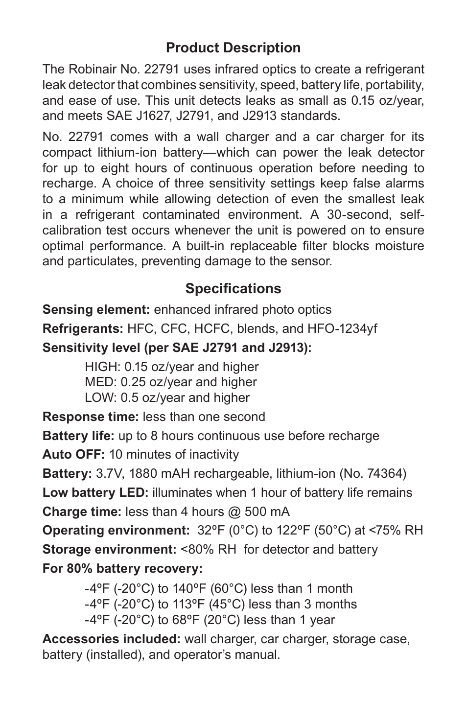 Robinair 22791 Infrared Refrigerant Leak Detector User Manual | Page 2 / 9