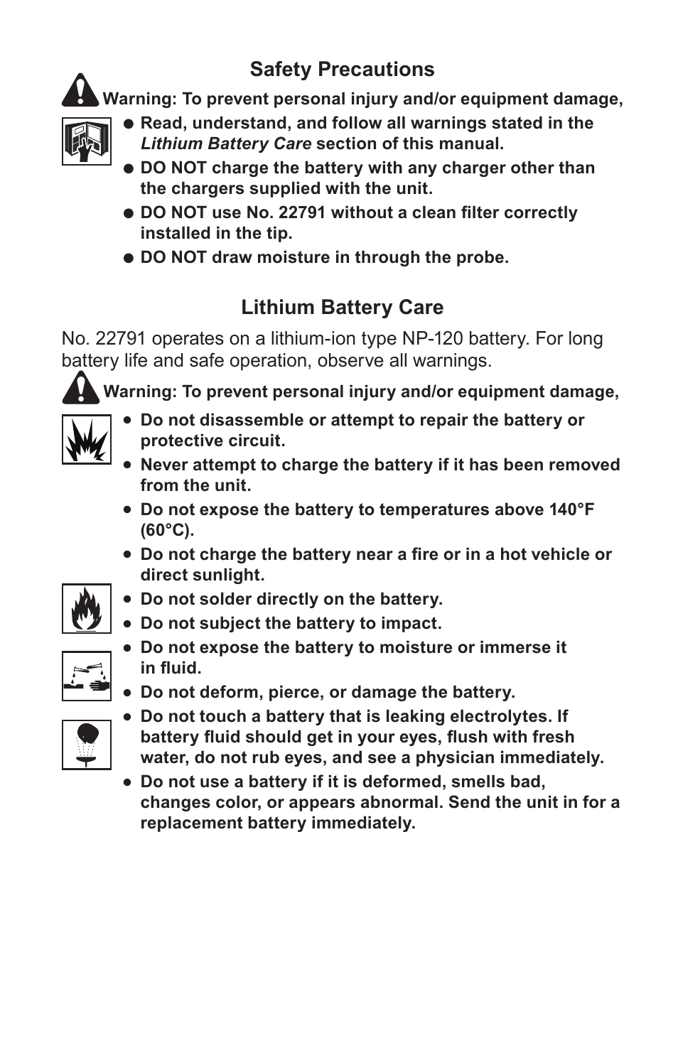 Safety precautions, Lithium battery care | Robinair 22791 Infrared Refrigerant Leak Detector User Manual | Page 3 / 9