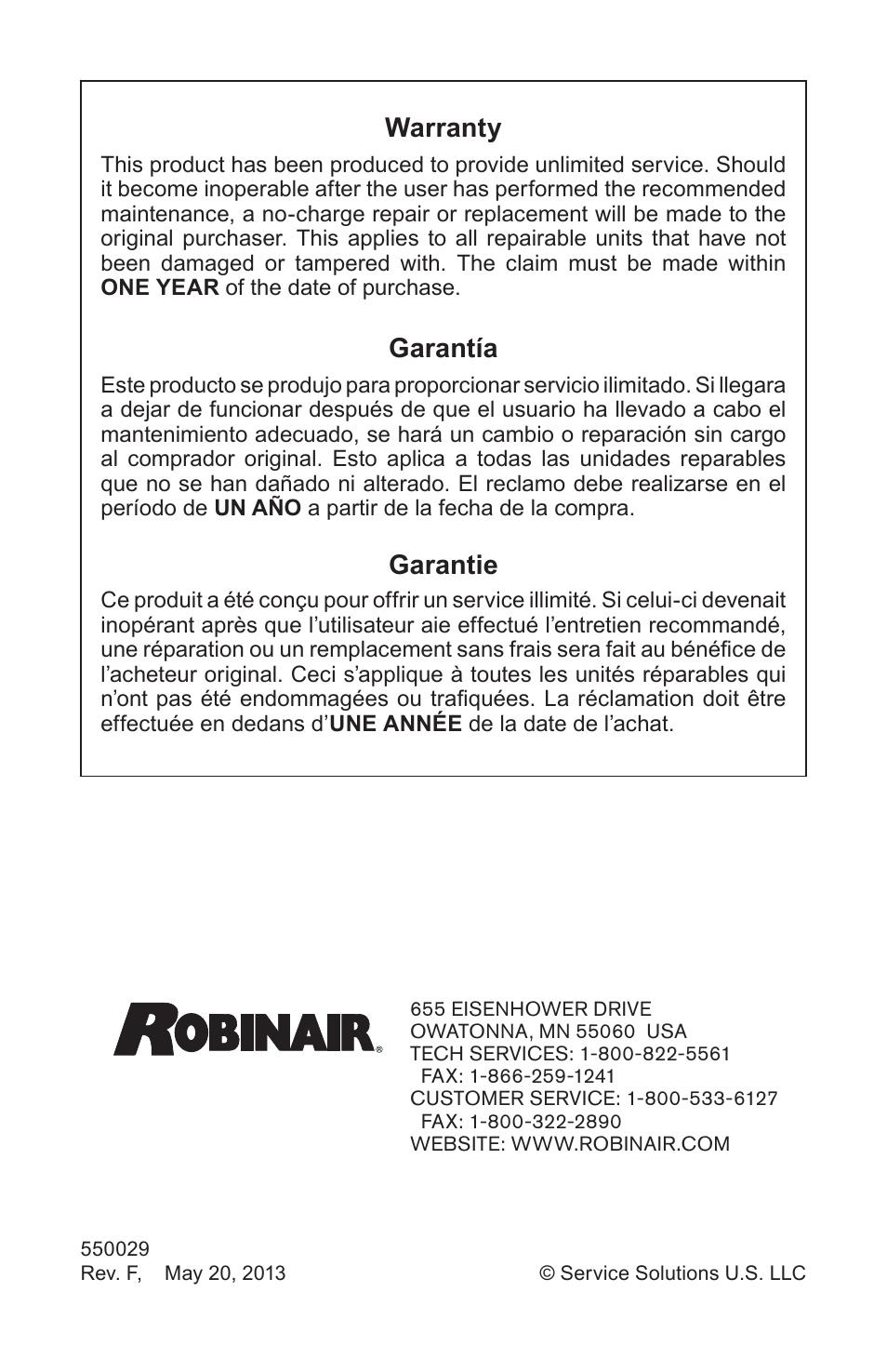 Warranty, Garantía, Garantie | Robinair 22791 Infrared Refrigerant Leak Detector User Manual | Page 9 / 9