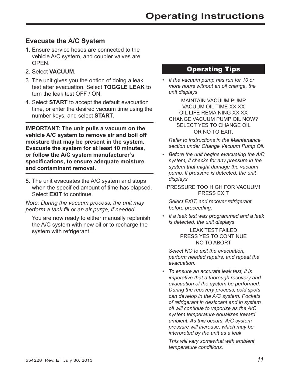 Operating instructions | Robinair 34988 Recovery, Recycling, Recharging Unit User Manual | Page 13 / 29