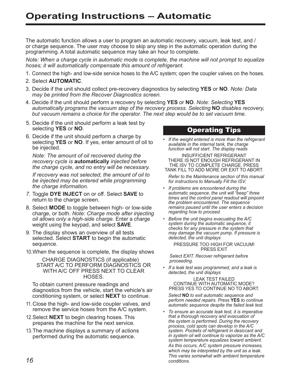 Operating instructions – automatic, Operating tips | Robinair 34988 Recovery, Recycling, Recharging Unit User Manual | Page 18 / 29