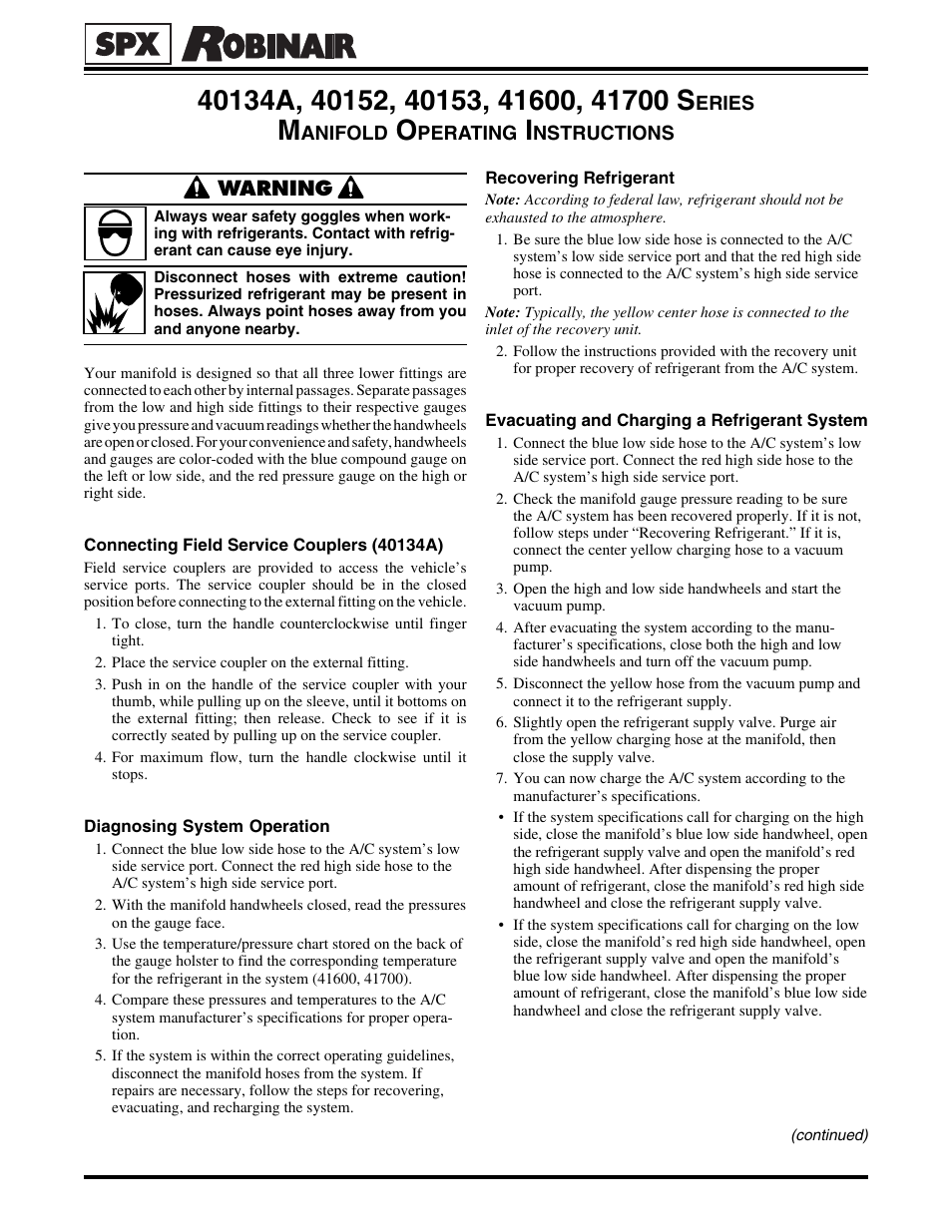 Robinair 40134A MANIFOLD User Manual | 2 pages