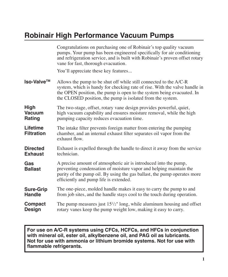 Robinair high performance vacuum pumps | Robinair Model 15600 User Manual | Page 2 / 10