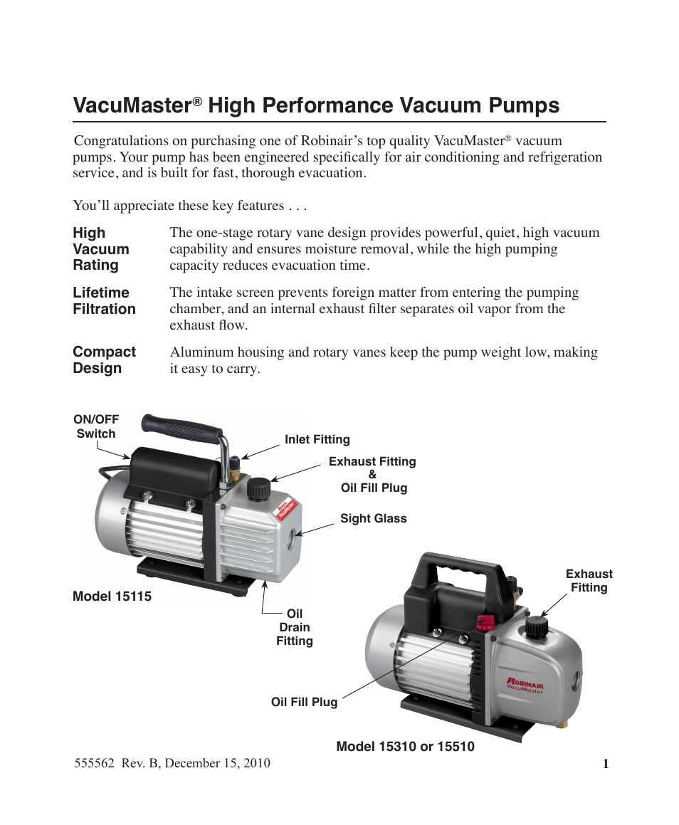 Vacumaster, High performance vacuum pumps | Robinair 15310 User Manual | Page 3 / 12