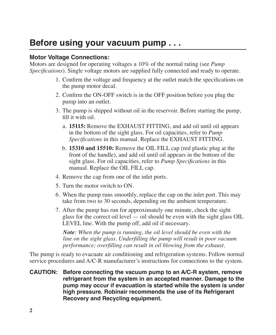 Before using your vacuum pump | Robinair 15310 User Manual | Page 4 / 12