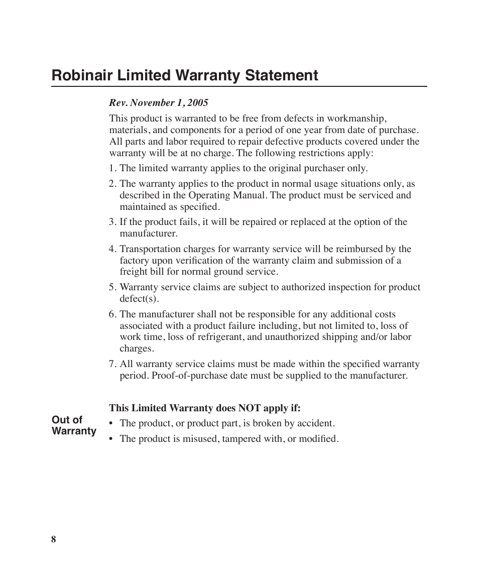 Robinair limited warranty statement | Robinair Models 15301 User Manual | Page 10 / 12