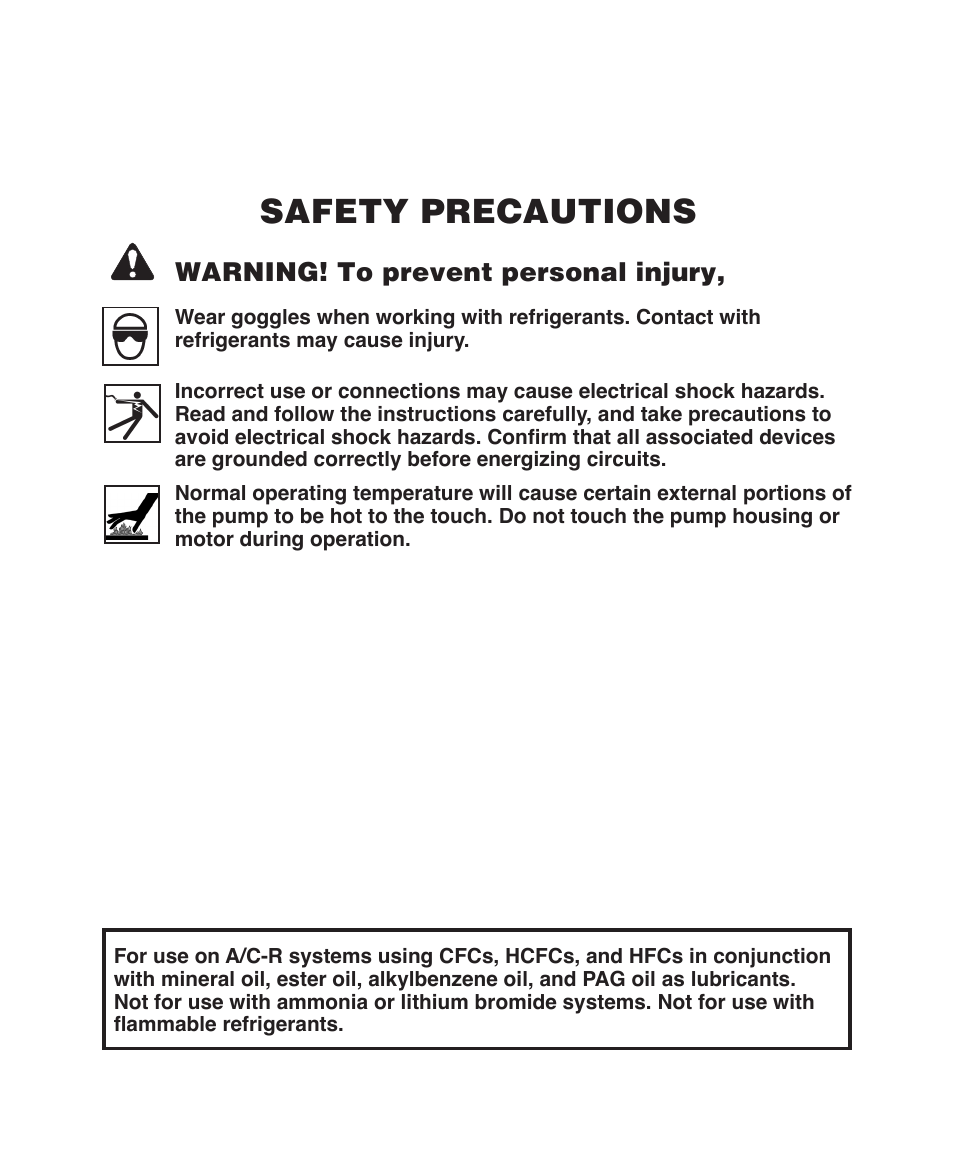 Safety precautions, Warning! to prevent personal injury | Robinair Models 15301 User Manual | Page 2 / 12