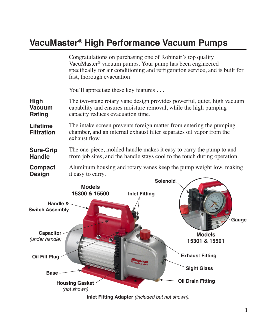 556679_e, Vacumaster, High performance vacuum pumps | Robinair Models 15301 User Manual | Page 3 / 12