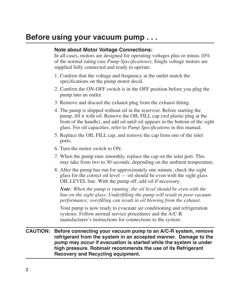 Before using your vacuum pump | Robinair Models 15301 User Manual | Page 4 / 12