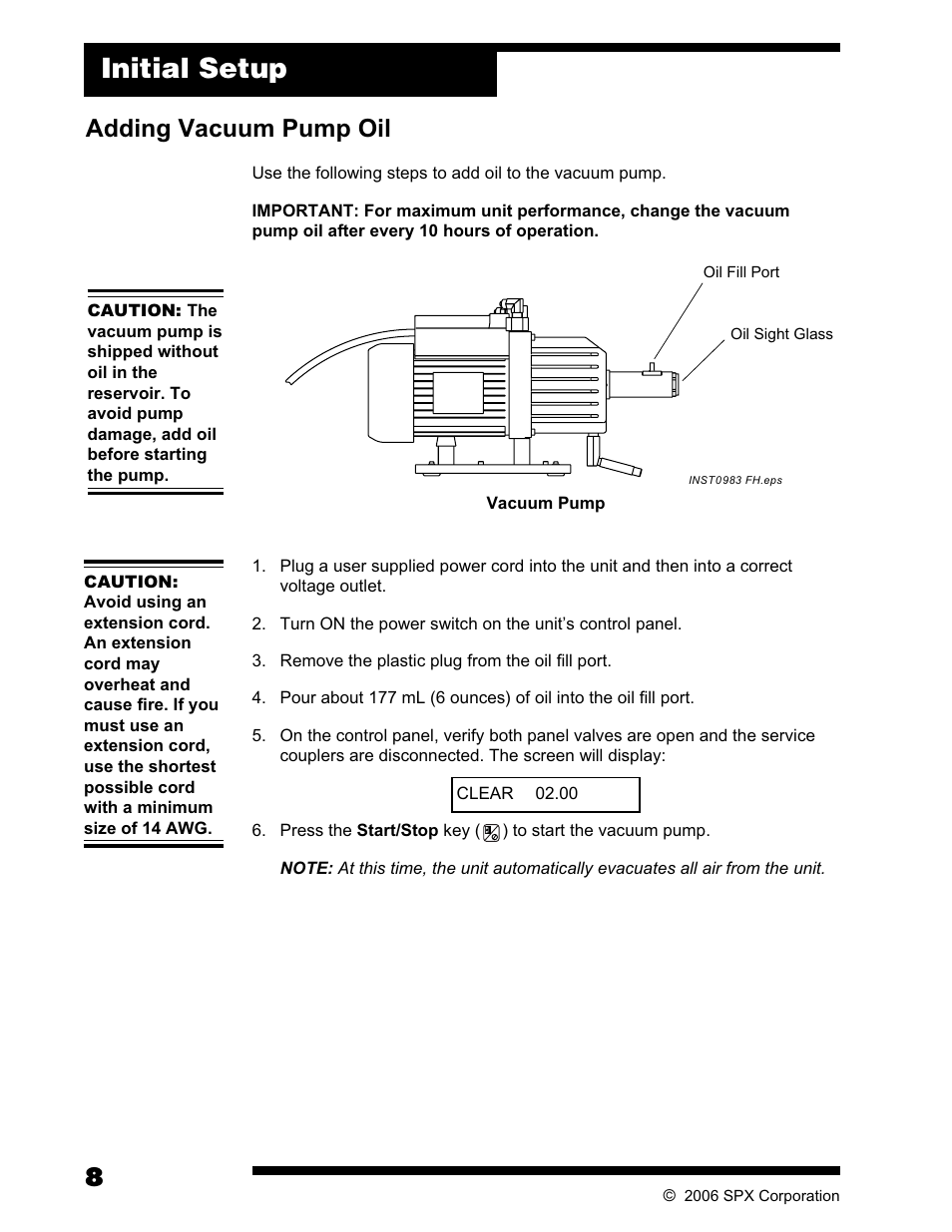 Initial setup, Adding vacuum pump oil | Robinair AC375C Refrigerant Recovery, Recycle, Recharge Unit User Manual | Page 10 / 36