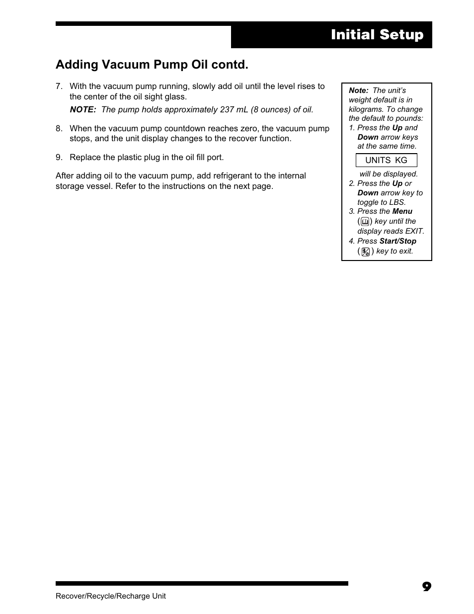 Initial setup, Adding vacuum pump oil contd | Robinair AC375C Refrigerant Recovery, Recycle, Recharge Unit User Manual | Page 11 / 36