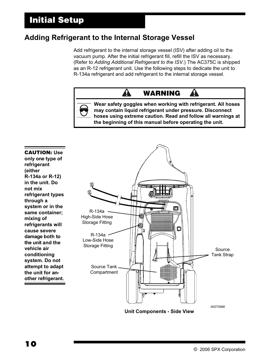 Initial setup, Adding refrigerant to the internal storage vessel, Warning | Robinair AC375C Refrigerant Recovery, Recycle, Recharge Unit User Manual | Page 12 / 36