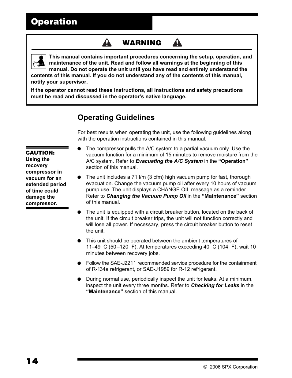 Operation, Operating guidelines, Warning | Robinair AC375C Refrigerant Recovery, Recycle, Recharge Unit User Manual | Page 16 / 36