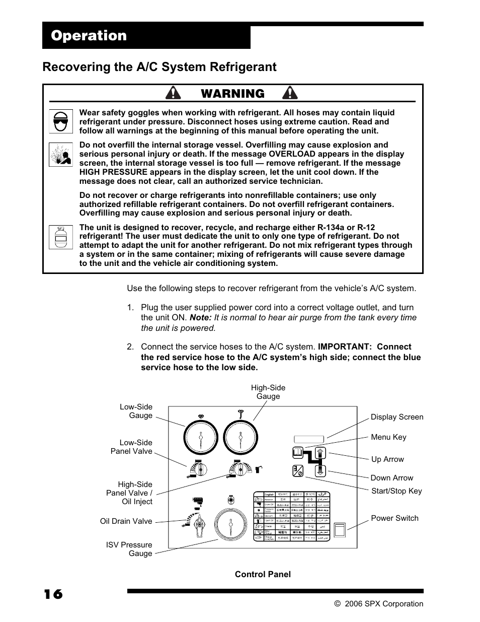 Operation, Recovering the a/c system refrigerant, Warning | Robinair AC375C Refrigerant Recovery, Recycle, Recharge Unit User Manual | Page 18 / 36