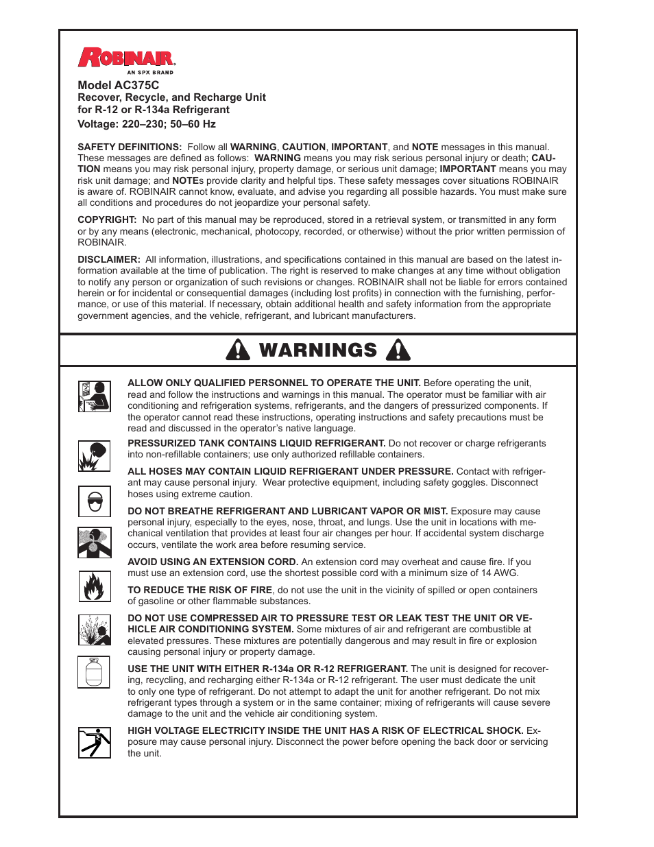 Warnings | Robinair AC375C Refrigerant Recovery, Recycle, Recharge Unit User Manual | Page 2 / 36