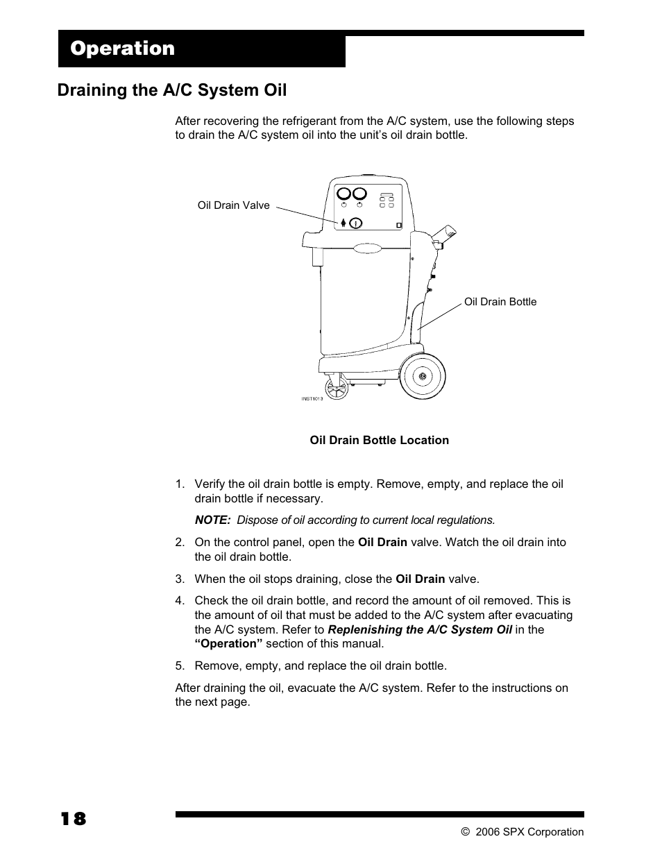 Operation, Draining the a/c system oil | Robinair AC375C Refrigerant Recovery, Recycle, Recharge Unit User Manual | Page 20 / 36