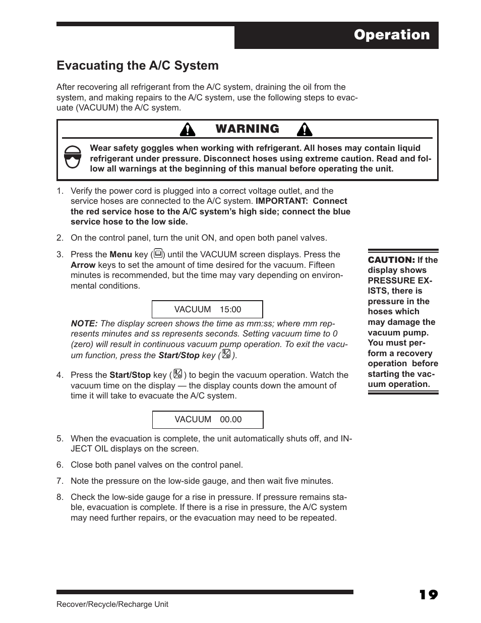 Operation, Evacuating the a/c system, Warning | Robinair AC375C Refrigerant Recovery, Recycle, Recharge Unit User Manual | Page 21 / 36