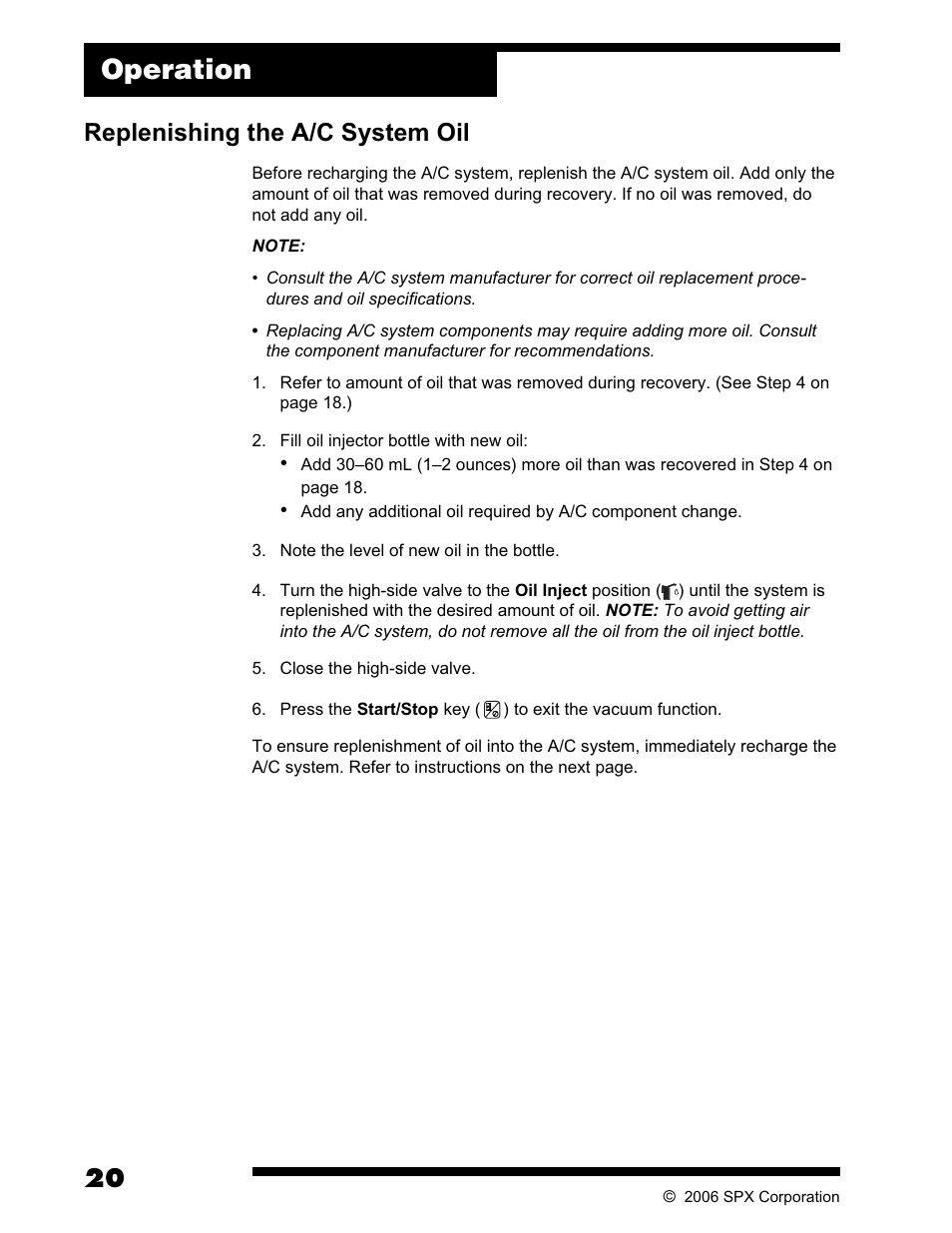 Operation, Replenishing the a/c system oil | Robinair AC375C Refrigerant Recovery, Recycle, Recharge Unit User Manual | Page 22 / 36