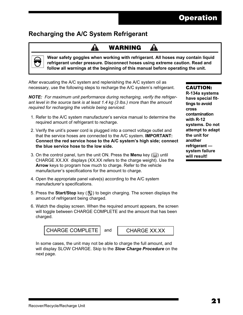 Operation, Recharging the a/c system refrigerant, Warning | Robinair AC375C Refrigerant Recovery, Recycle, Recharge Unit User Manual | Page 23 / 36