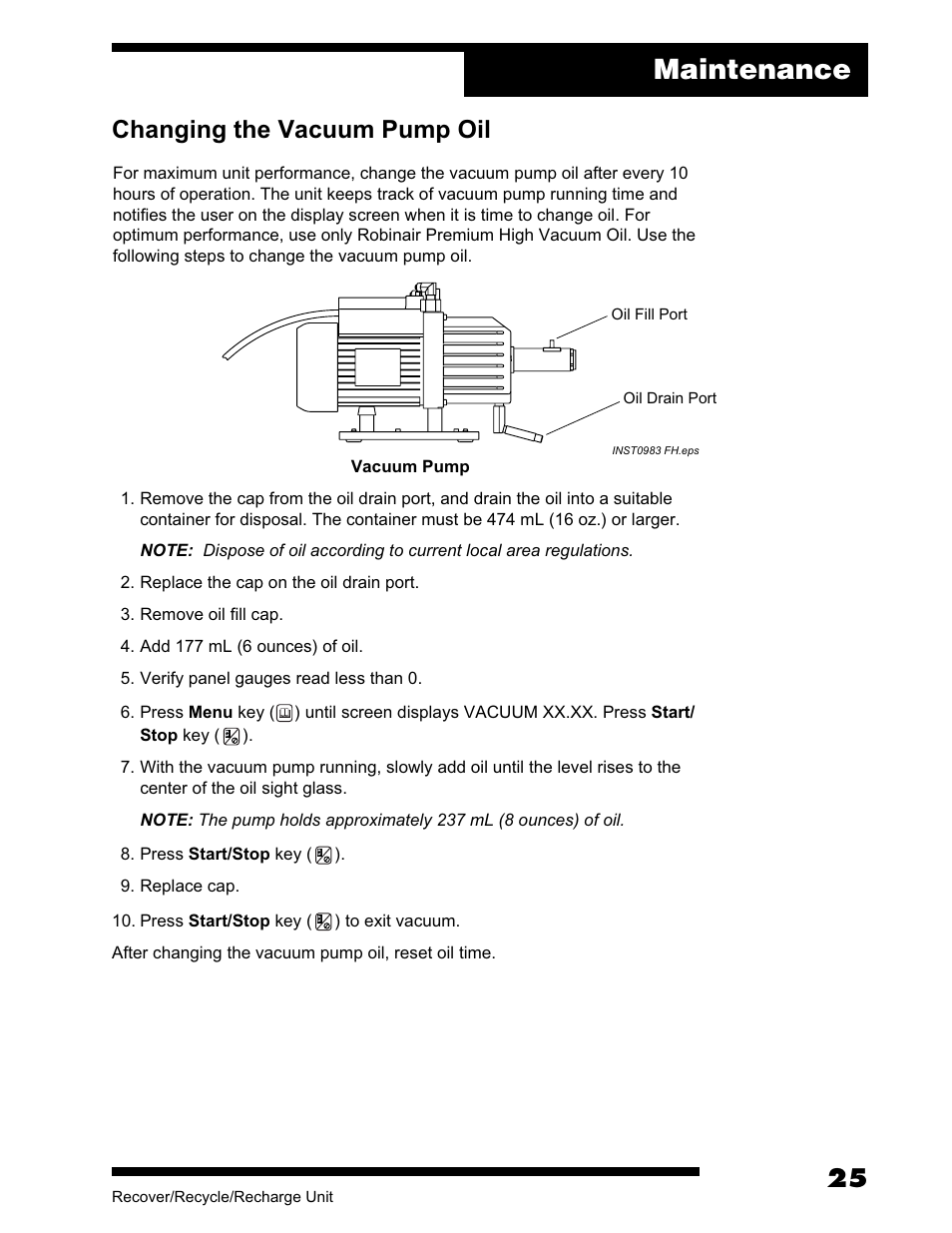 Maintenance, Changing the vacuum pump oil | Robinair AC375C Refrigerant Recovery, Recycle, Recharge Unit User Manual | Page 27 / 36