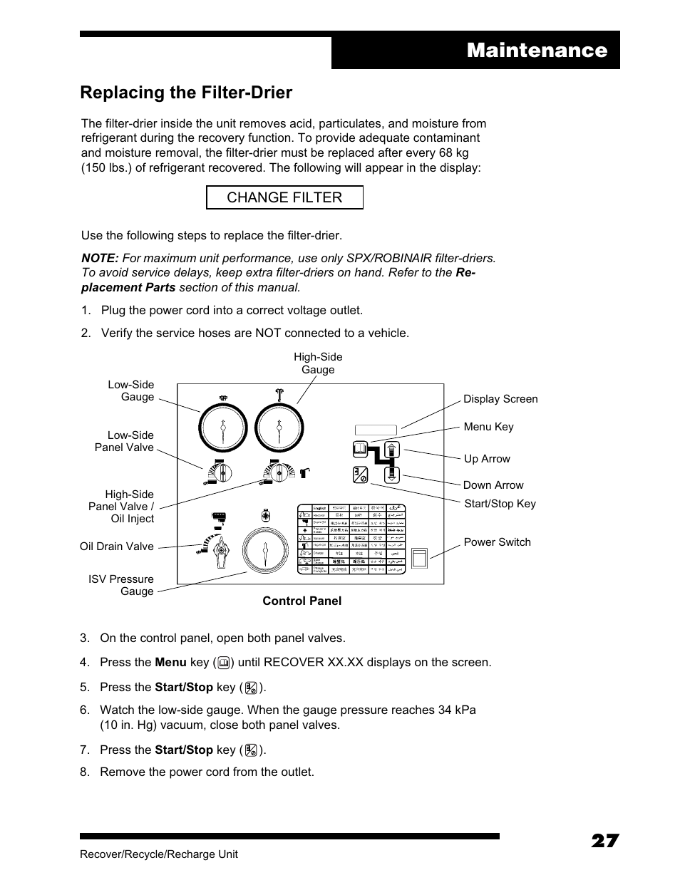 Maintenance, Replacing the filter-drier | Robinair AC375C Refrigerant Recovery, Recycle, Recharge Unit User Manual | Page 29 / 36