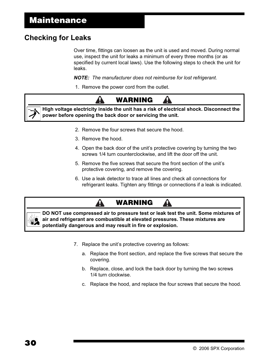 Maintenance, Checking for leaks, Warning | Robinair AC375C Refrigerant Recovery, Recycle, Recharge Unit User Manual | Page 32 / 36