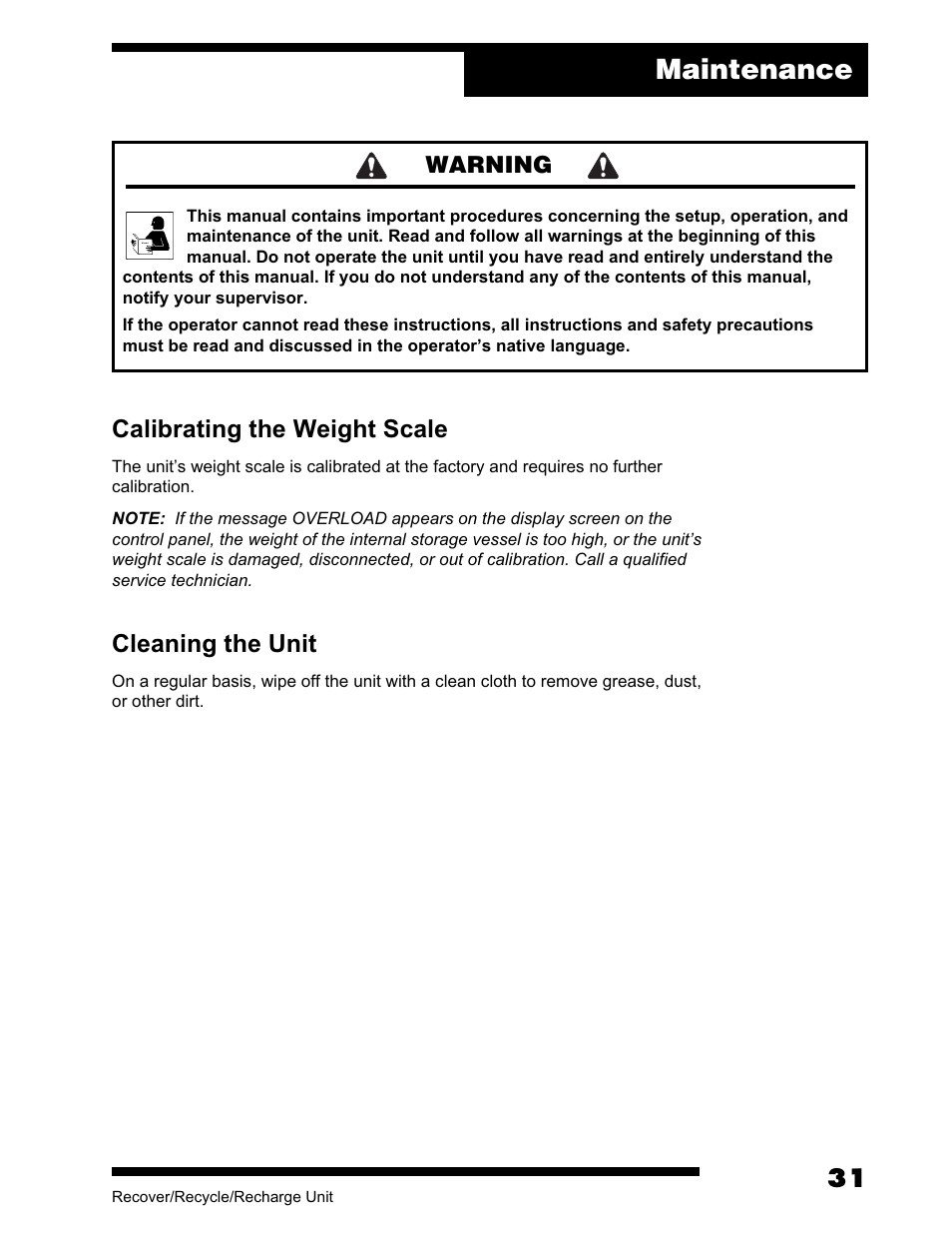 Maintenance, Calibrating the weight scale, Cleaning the unit | Robinair AC375C Refrigerant Recovery, Recycle, Recharge Unit User Manual | Page 33 / 36