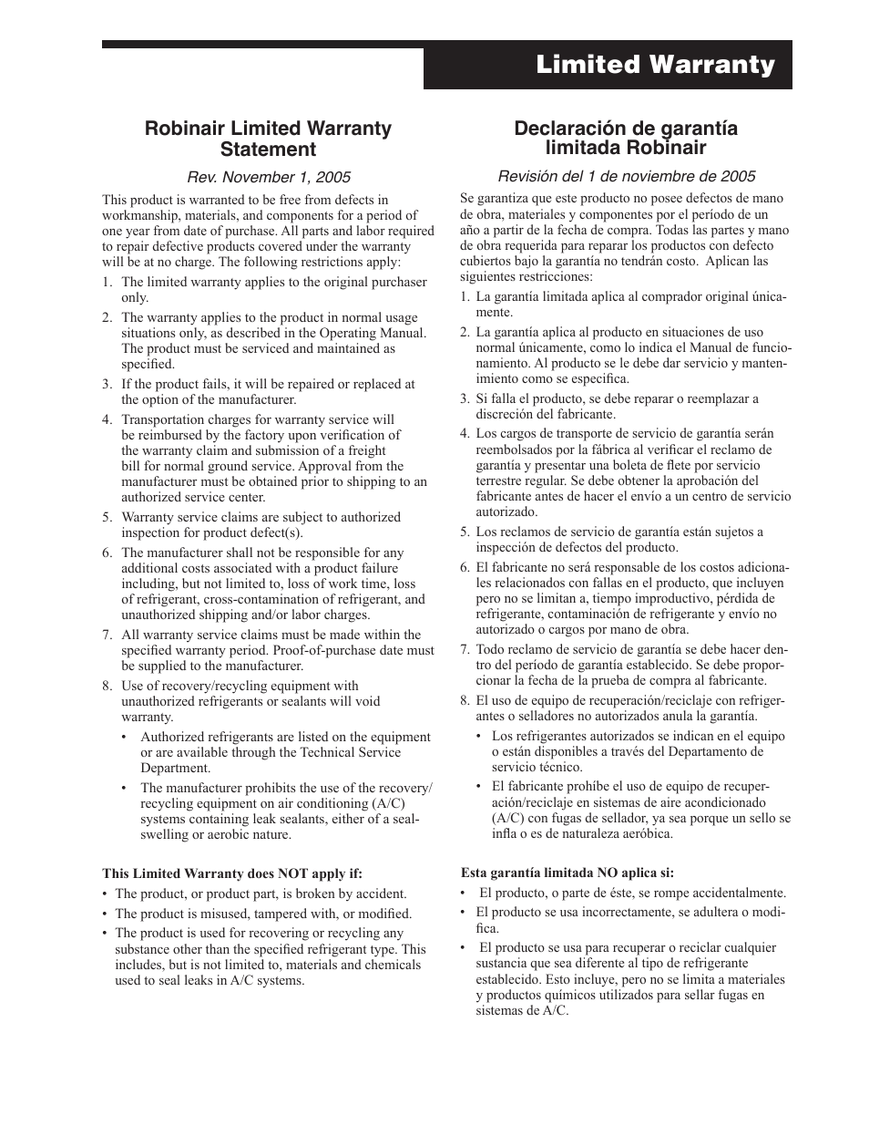 Limited warranty, Robinair limited warranty statement, Declaración de garantía limitada robinair | Robinair AC375C Refrigerant Recovery, Recycle, Recharge Unit User Manual | Page 35 / 36