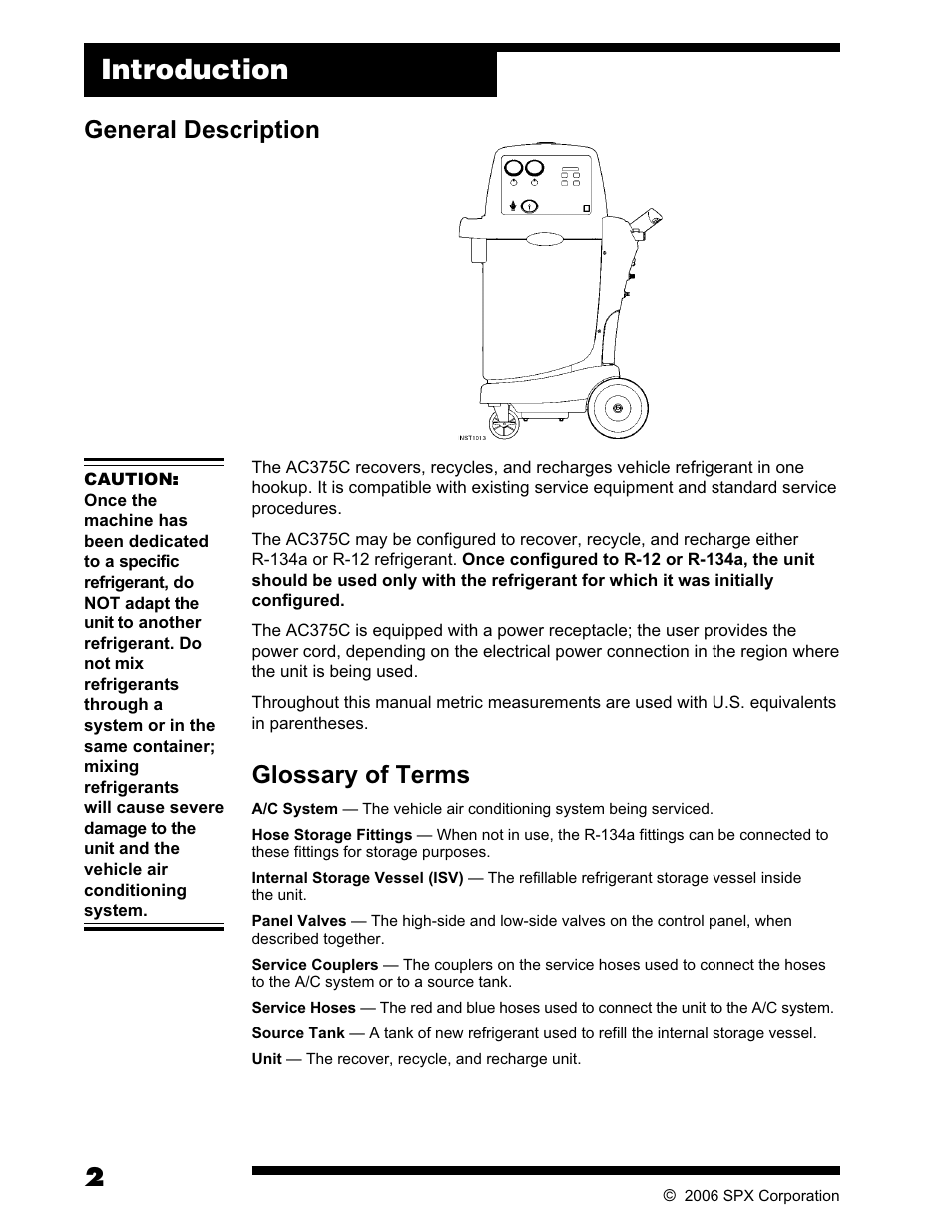 Introduction, General description, Glossary of terms | Robinair AC375C Refrigerant Recovery, Recycle, Recharge Unit User Manual | Page 4 / 36