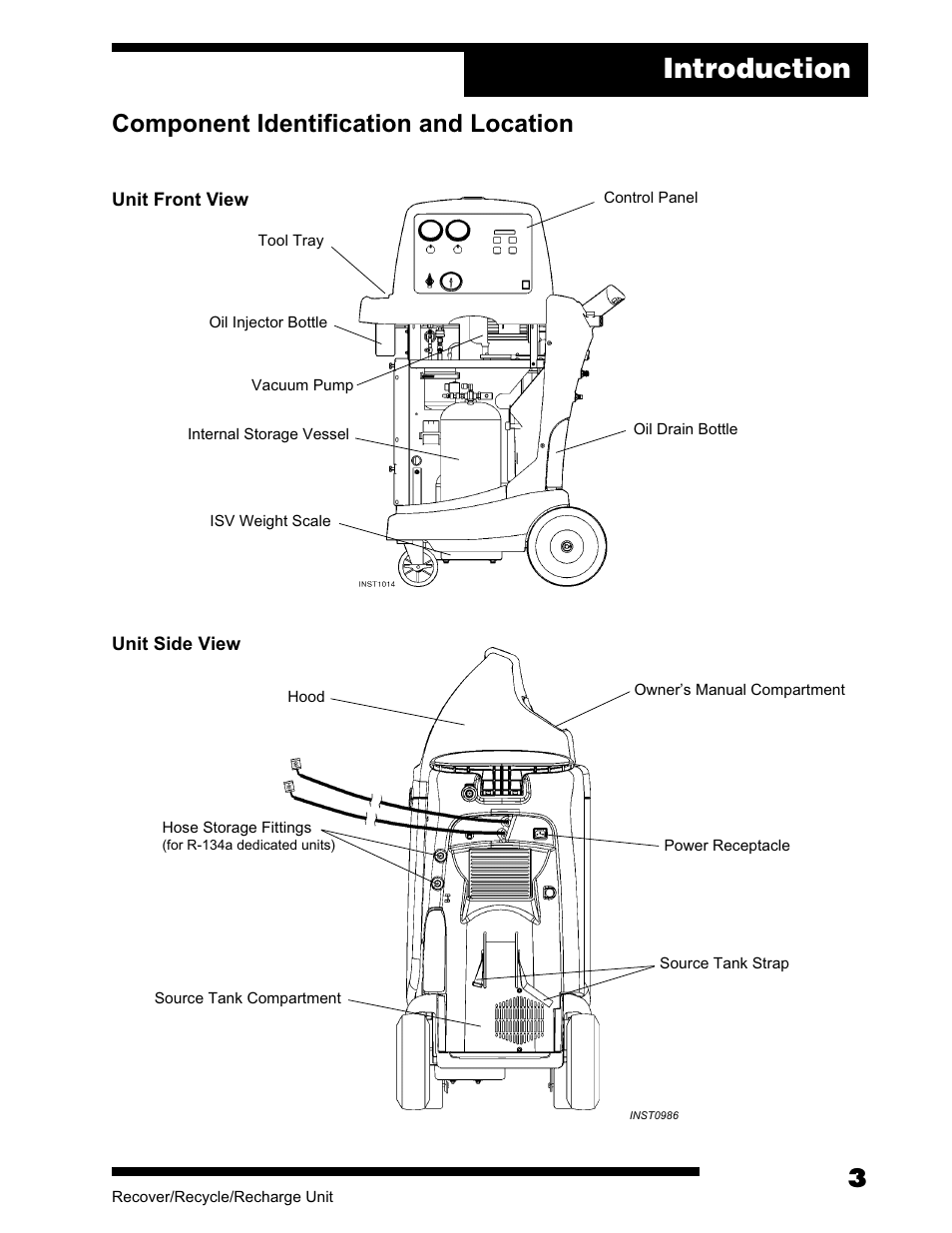 Introduction, Component identification and location | Robinair AC375C Refrigerant Recovery, Recycle, Recharge Unit User Manual | Page 5 / 36