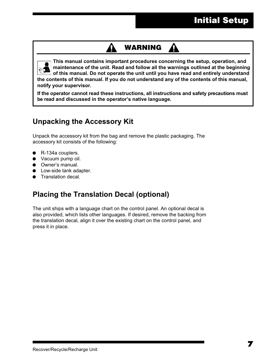 Initial setup, Placing the translation decal (optional), Unpacking the accessory kit | Warning | Robinair AC375C Refrigerant Recovery, Recycle, Recharge Unit User Manual | Page 9 / 36