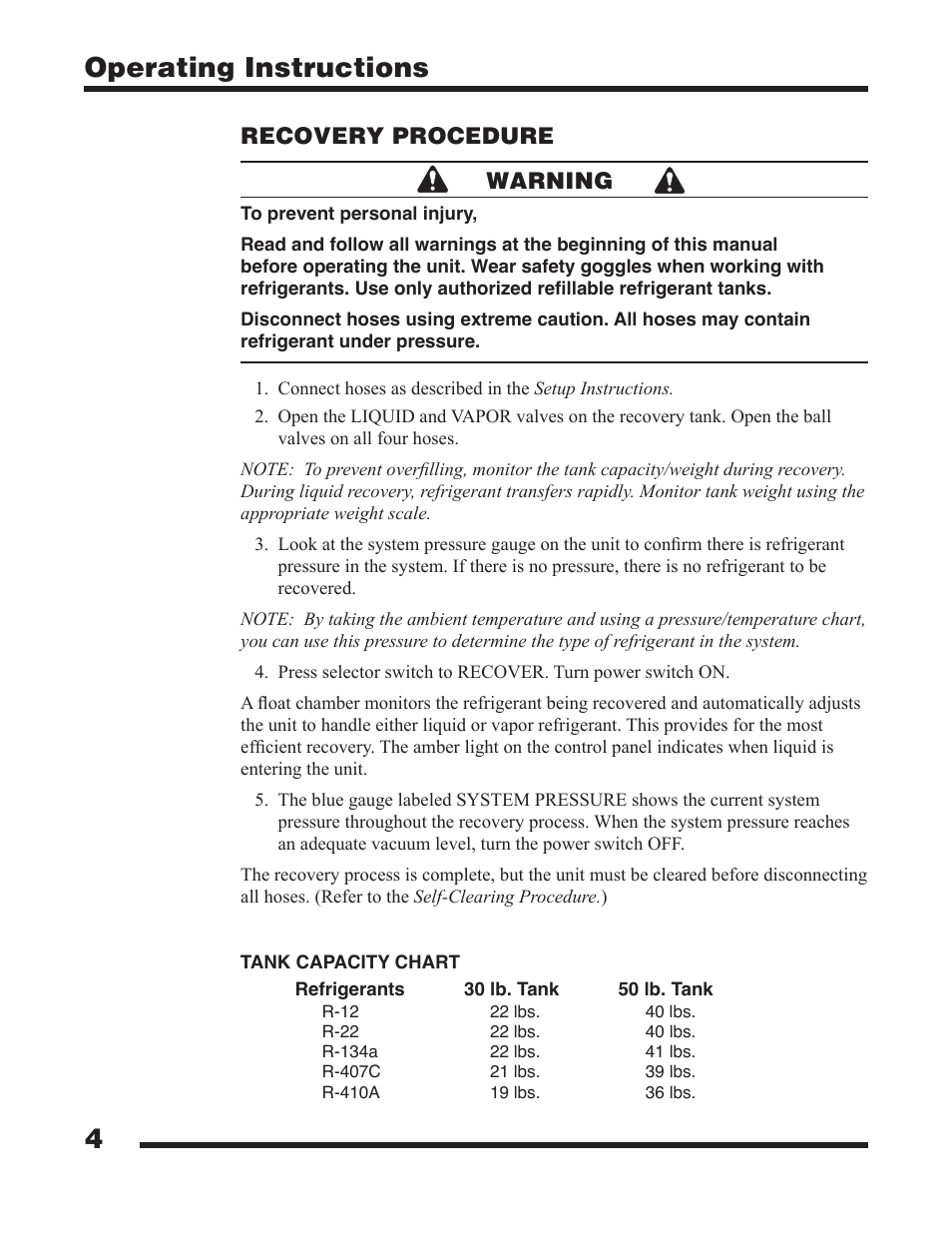 4operating instructions, Recovery procedure warning | Robinair 25201B Refrigerant Recovery Unit User Manual | Page 6 / 16