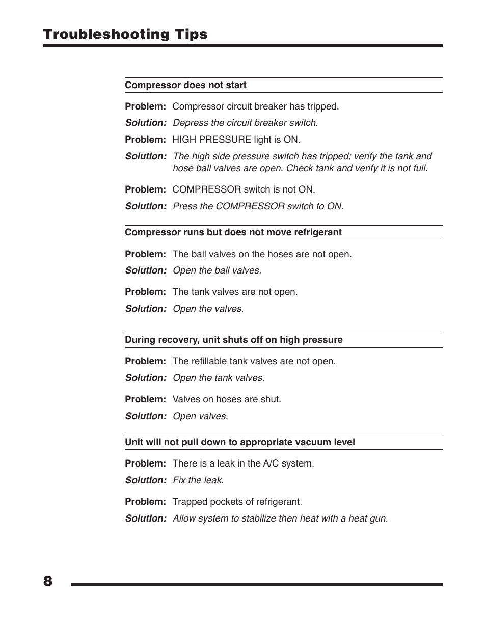 8troubleshooting tips | Robinair 25200B Refrigerant Recovery Unit User Manual | Page 10 / 16
