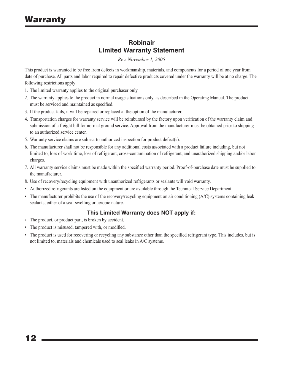 12 warranty | Robinair 25200B Refrigerant Recovery Unit User Manual | Page 14 / 16