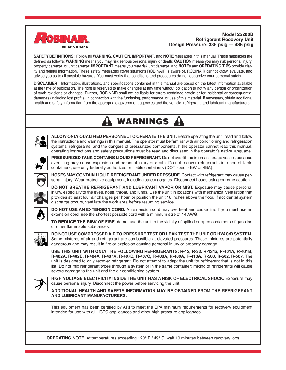 Warnings | Robinair 25200B Refrigerant Recovery Unit User Manual | Page 2 / 16